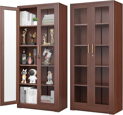 Polup 71" Wood Grain Metal Glass Display Cabinet with Security Lock | 5-Tier Curio Case & Tempered Doors, 4 Adjustable Shelves, Heavy-Duty China Storage for Living Room, School & Commercial New In Box $499