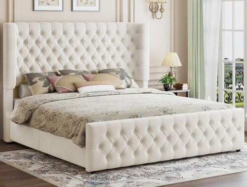 House of Hamptons Deep Tufted Headboard Upholstered Wingback Bed King Size in Cream New in Box $699