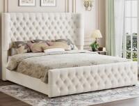 House of Hamptons Deep Tufted Headboard Upholstered Wingback Bed King Size in Cream New in Box $699