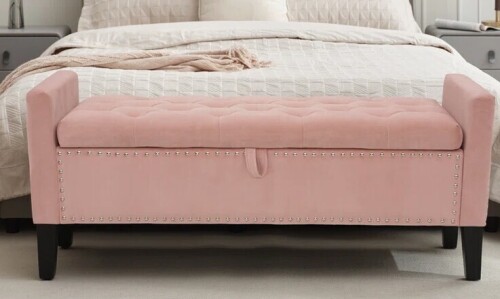 UDAX Storage Ottoman Bench, Velvet Upholstered Footstool for Bedroom and Living Room, Frosted Flannel Seat with Storage, Wooden Legs & Metal Rivets, Pink New in Box $499