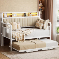 Jocoevol Daybed with Trundle and LED Light, Heavy Duty Metal Twin Bed Frame with Upholstered Storage Headboard & Charging Station, Day Bed Pop Up Trundle Bed Twin for Living Room, Bedroom and Guest Room, White New In Box $399