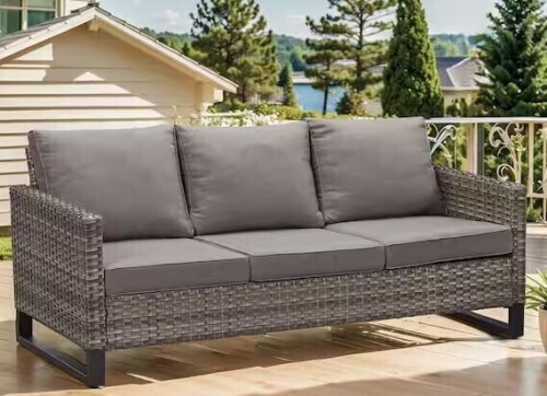 Opohoro Gray Wicker Outdoor Couch, Rattan Wicker 3-Seat Sofa High Back Couch with Gray Cushions for Garden Backyard New in Box $799