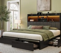 Wrought Studio Queen Size Bed Frame With 6 Storage Drawers, Linen Upholstered Headboard, Built In Charging Station And Led New in Box $1099