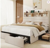 Wrought StudioQueen Size Bed with 6 Storage Drawers & Headboard, Upholstered Bed Frame with Charging Station, Beige New in Box $999