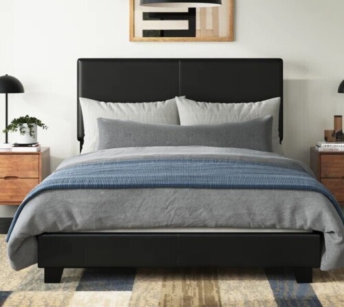 Winston Porter Clu Faux Leather Upholstered Eastern King Panel Bed Black New in Box $699