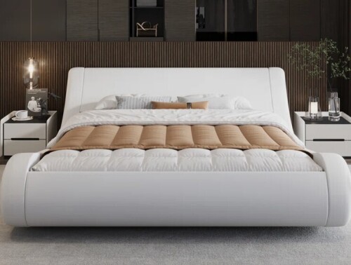 Wrought Studio King Low Profile Sleigh Bed With Faux Leather Ergonomics Headboard in White New in Box $799