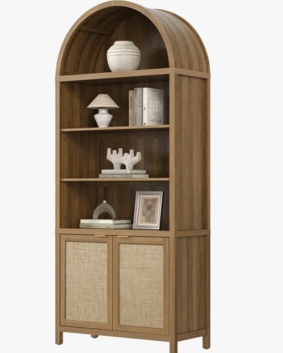 Bayou Breeze 84.25''H Rattan Arched Bookcase With Adjustable Shelf in Caramel New in Box $499