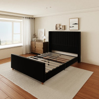 Lark Manor Plainfield Queen Size Black Velvet Upholstered Wingback Platform Bed with Headboard and Footboard, New in Box $599