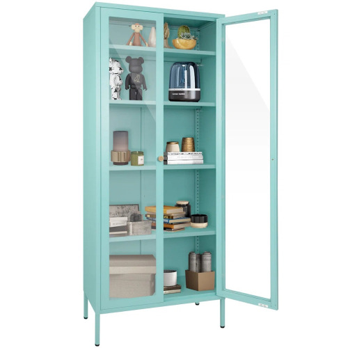 Inbox Zero Dalziel 27.6'' Wide 4 - Shelf Storage Cabinet with Glass Doors, Blue, New Shelf Pull $299