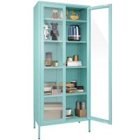 Inbox Zero Dalziel 27.6'' Wide 4 - Shelf Storage Cabinet with Glass Doors, Blue, New in Box $299