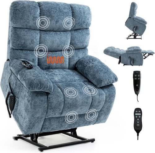 Latitude Run Power Lift Recliner Chair with Massage & Lumbar Heat, Big and Tall, for Elderly, Oversized Dual Motor Lay Flat, Blue Chenille Fabric, USB Ports & 2 Side Pockets, On Working $699