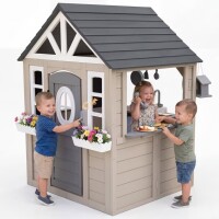 AiKidKit Kids Outdoor Playhouse, Wooden Playhouse with Play Kitchen, Working Doorbell, Backyard Country Style, Gray & Beige, New in Box $499