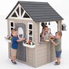 AiKidKit Kids Outdoor Playhouse, Wooden Playhouse with Play Kitchen, Working Doorbell, Backyard Country Style, Gray & Beige, New in Box $499
