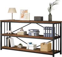IBF Vintage Industrial 63" Horizontal Farmhouse 3-Tier Bookcase, Long Wide Open Wood Metal Etagere, Rustic Brown/Black, New in Box $299