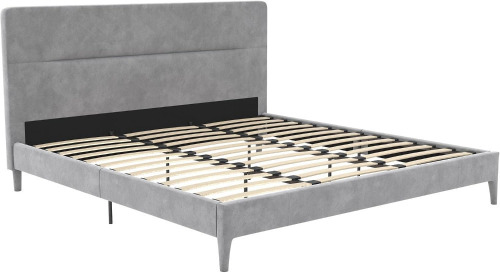 CosmoLiving Westerleigh Upholstered Platform Bed with Minimalist Tufted Headboard, Wooden Slat Support, No Box Spring Needed, Fabric Covered Legs, King, Light Gray Velvet, New in Box $599