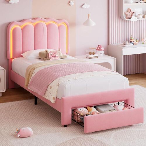 Jocoevol Twin Upholstered LED Bed Frame with Storage Drawer and Adjustable Chic Double Wavy Headboard, Velvet Princess Platform Bed for Girls/Kids, Solid Wood Slats Support, No Box Spring Needed, Pink New in Box $299