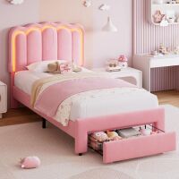 Jocoevol Twin Upholstered LED Bed Frame with Storage Drawer and Adjustable Chic Double Wavy Headboard, Velvet Princess Platform Bed for Girls/Kids, Solid Wood Slats Support, No Box Spring Needed, Pink New in Box $299