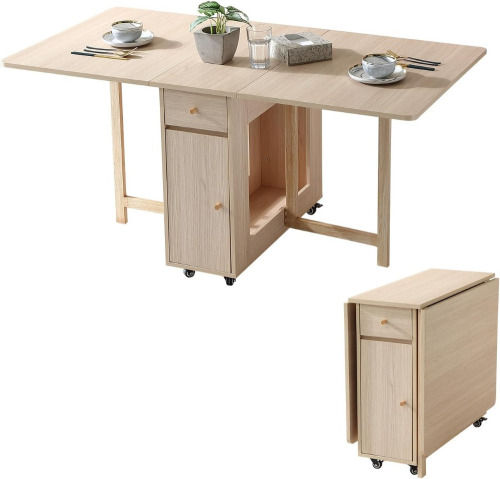 COMUHOME Drop Leaf Folding Dining Table with Storage, Wheels, Space Saving | Foldable Design, 18mm Thick Plywood, 300 lbs Capacity, Locking Wheels, Farmhouse Style, for Living Room Kitchen Small Spaces Similar to Picture New In Box $499