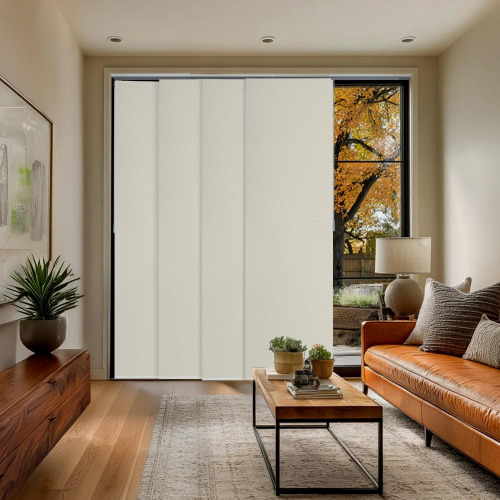 CHICOLOGY Panel Track Blinds for Sliding Glass Door, Adjustable Track for Patio Entry, Large Windows, Closet Opening and Room Divider, Trim to Fit Fabric Shades, 46 to 86 W x 96 H, Movie Night Ivory New In Box $299
