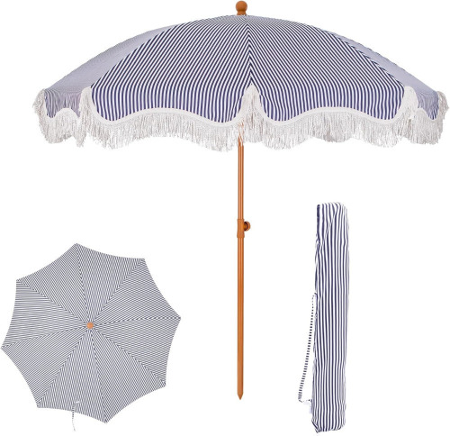 PHI VILLA 7ft Fringe Beach Umbrella White with Sand Anchor, Outdoor Patio White Portable Beach Umbrella for Sand with Tassels, Push Button Tilt & Carrying Bag, UPF 50+ New In Box $199