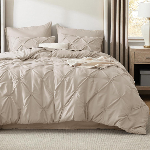 Bedsure Queen Comforter Set Beige, 3 Pieces, GentleSoft&trade; Pintuck Bed Set Gift for Family, All Season Down Alternative Comforter $199