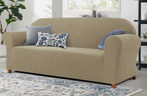 Winston Porter 1-Piece Jacquard Stretch Couch Covers, Polyester Spandex Sofa Slipcovers, Universal Fit Living Room Machine Washable Furniture Protector for Dogs Pets, Non-Slip Sofa Covers for 2 Cushion Couch (Loveseat, Sand) / The Twillery Co. 4 Piece Str