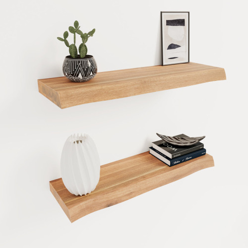 Gracie Oaks 2 Pieces Acacia Solid Wood Live Edge Floating Shelves for Kitchen Wall Decor, Kitchen, Bathroom, Workspace, Dark Walnut 1.5" H x 24" W x 7.5" D New In Box $199