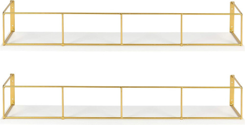 Kate and Laurel Benbrook 24 inch 2-Pack Wood and Metal Floating Wall Shelves, White and Gold New In Box $89