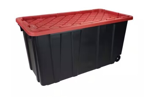 HDX 77 Gal. Tough Storage Tote with Wheels in Black with Red Lid