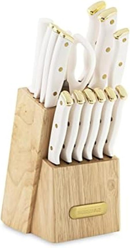 FARBERWARE 15-Piece Knife Block Set, Triple-Riveted High-Carbon Stainless Steel Kitchen Knives, Razor Sharp Blades, Wood Storage Block, White/Gold New In Box $199
