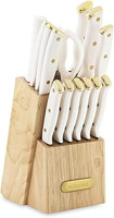 FARBERWARE 15-Piece Knife Block Set, Triple-Riveted High-Carbon Stainless Steel Kitchen Knives, Razor Sharp Blades, Wood Storage Block, White/Gold New In Box $99