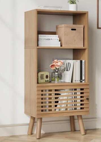 Safavieh Small Bookcase, 43" H Open Shelf Cube Bookshelf With Slatted Door, Mid-century Bookcase With 3 Cubes, Open Shelves Display Storage Cabinet For Living Room, Home Office, Oak New In Box $299