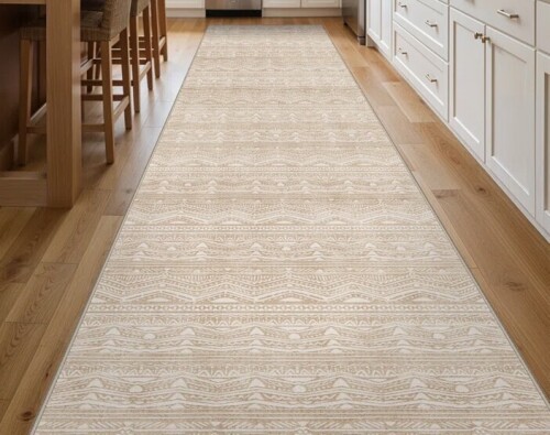 Ebern Designs Runner 3' x 12' Rug Washable - Moroccan Hallway Runner Rug Non Slip Kitchen Runner Low Pile Soft Indoor Floor Mat Front Door for Bedroom Entryway Laundry Beige $299