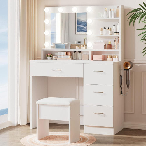 LIVELYGLOW White Makeup Vanity Desk with Charging Station & 4 Drawers | 10 LED Bulbs, HD Mirror, Cushioned Stool, Hairdryer Rack Similar to Picture Mirror Sold Separately $399