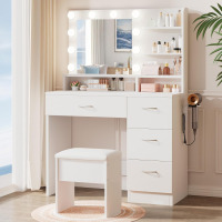 LIVELYGLOW White Makeup Vanity Desk with Charging Station & 4 Drawers | 10 LED Bulbs, HD Mirror, Cushioned Stool, Hairdryer Rack Similar to Picture Mirror Sold Separately $399