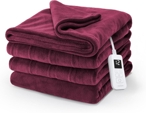 Sunbeam Electric Royal Luxe Microplush Heated Blanket, 12 Heat Settings, 12-Hour Auto Shut-Off, Fast Heating, Warm & Cozy, Machine Washable, Cabernet Color, Twin (84" x 62") New In Box $99
