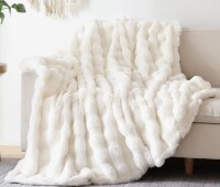 AIMEBBY Faux Fur Throw Blanket for Couch &ndash; Cream White Fluffy Cozy Rabbit Fleece, Plush Soft Bubble Blanket for Sofa & Bed, New $79