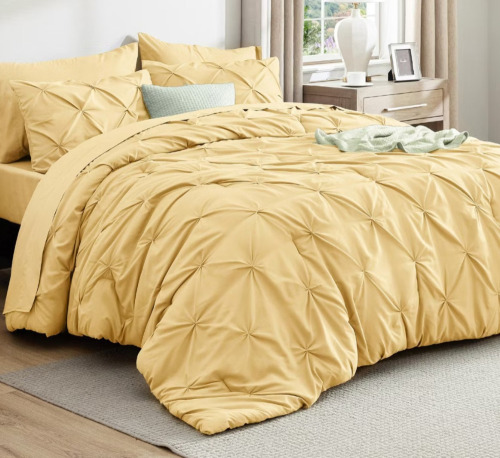 Bedsure Comforter Set with Sheets, 7pcs Solid Diamond Pintuck All-Season Bedding, Yellow Pinch Pleat Queen Bedding Set, New In Box $299