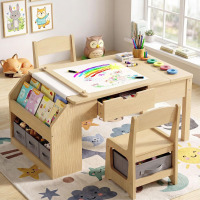 Orgobysol 5-in-1 Kids Table and Chairs, Toddler Table and Chair Set with Drawers, Convertible Craft Play Desk with Art Easel & Paper Roll Holder, Children Activity Learning Center with Storage &ndash; Nature Wood Similar to Picture $299