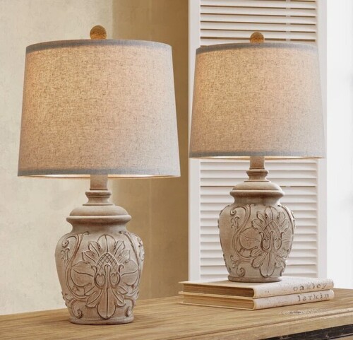 Gracie Oaks Dolans 18.75?Light Brown Retro Country Carved Floral Living Room Bedroom Bedside Lamp (Set of 2) New In Box $299