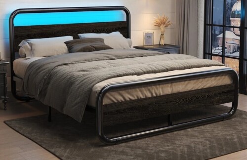 Catrimown Queen Size Bed Frame with LED Light Headboard, Metal Platform Bed with Wooden Headboard -Black New Open Box $399