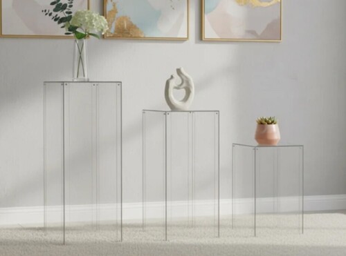 Wokaiduo 3pcs Acrylic Square Pedestal Stand For Party, Clear Lucite Display Pedestal For Flowers, Sculptures, Cake, Wedding, Events, Art Gallery, Party Decor31.5x11.8''(l), 27.6x11.2''(m), 23.6x10.2''(s) New In Box $299