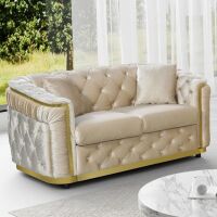 DAMAIFROM 62.5" Velvet Chesterfield Sofa with Tufted Back and Gold Accents, Beige | Luxury beige and gold sofa features button tufting, high arms, plush velvet upholstery and 2 pillows for living room New Open Box 2 Boxes $799