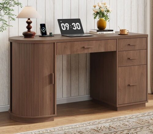 Latitude Run 57.9'' Mid-Century Executive Desk With Drawers, File Cabinet and Power Outlet, Home Office Computer Desk With Storage Cabinet, Walnut, New in Box $399
