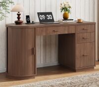 Latitude Run 57.9'' Mid-Century Executive Desk With Drawers, File Cabinet and Power Outlet, Home Office Computer Desk With Storage Cabinet, Walnut, New in Box $399