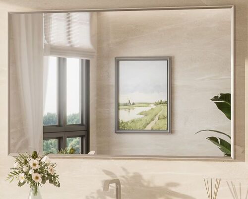 Keonjinn Bathroom Mirror 48-in W x 30-in H Rectangle Brushed Nickel Framed Wall Mirror, New Shelf Pull $299