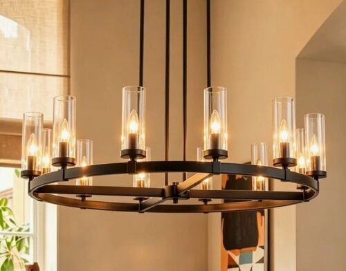 Laurel Foundry Modern Farmhouse Andrade 12-Light Dimmable Metal Wagon Wheel Chandelier, Black, New in Box $1,099
