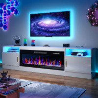 PRETZI Fireplace TV Stand, LED Lights, Up to 90" TVs | 80" Modern LED Entertainment Center Media Console, High Gloss with Highlight Storage Cabinet for Living Room, Insert Sold Separately $399