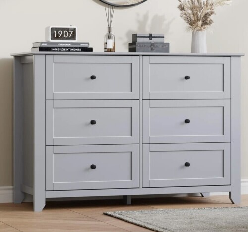 Ebern Designs 6 Drawer Dresser with Metal Knobs, 47.2" Wide Wooden Double Storage Chest for Bedroom Entryway Hallway New In Box $399