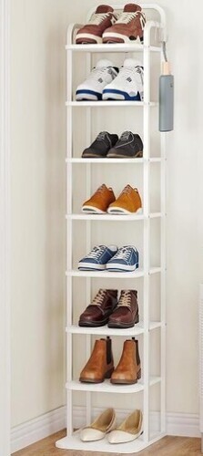 Hzuaneri 8 Tiers Vertical Shoe Rack, Narrow Shoe Tower, Tall Shoes Shelf with 2 Hooks, Adjustable Shelves, Corner Shoes Shelves for Small Spaces, Entryway, Living Room, White SR04313W New in Box $199